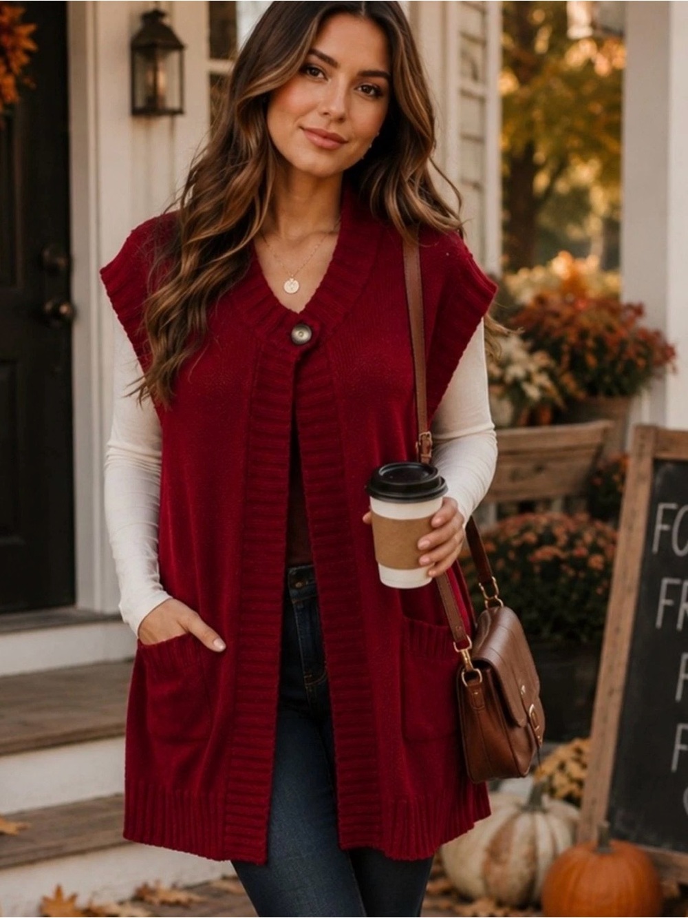 Chico’s Red Longline Sweater Vest Button Front Pockets Size 2 Bamboo Cotton L